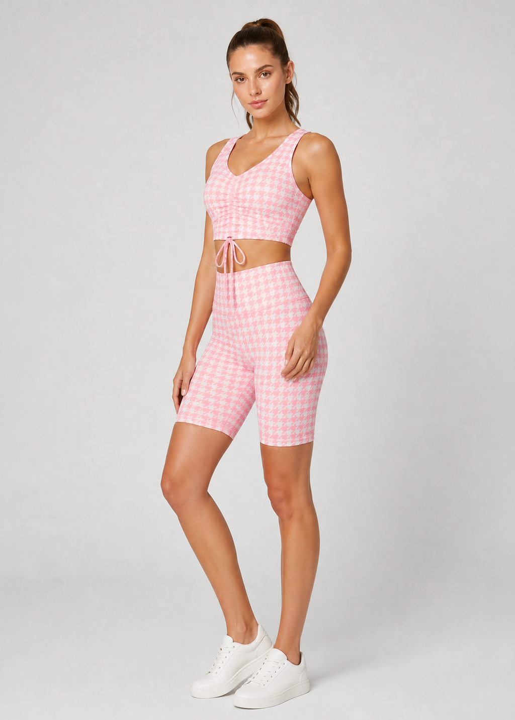 Houndstooth Cinched Drawstring Crop Top