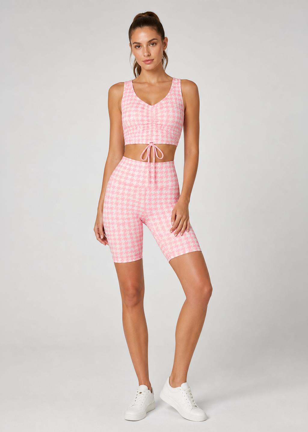 Houndstooth Cinched Drawstring Crop Top
