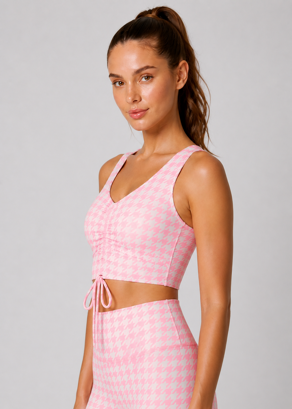 Houndstooth Cinched Drawstring Crop Top