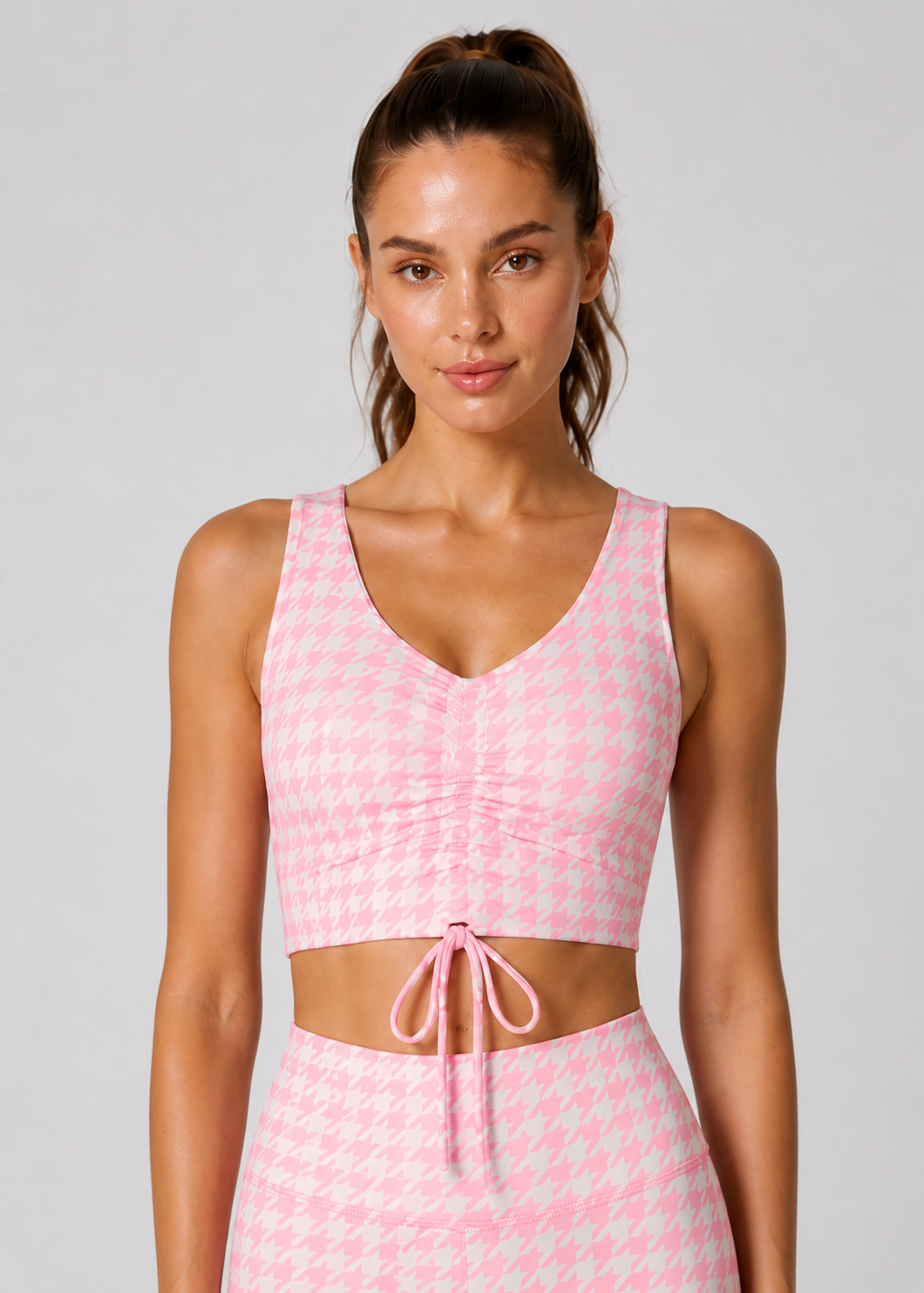 Houndstooth Cinched Drawstring Crop Top