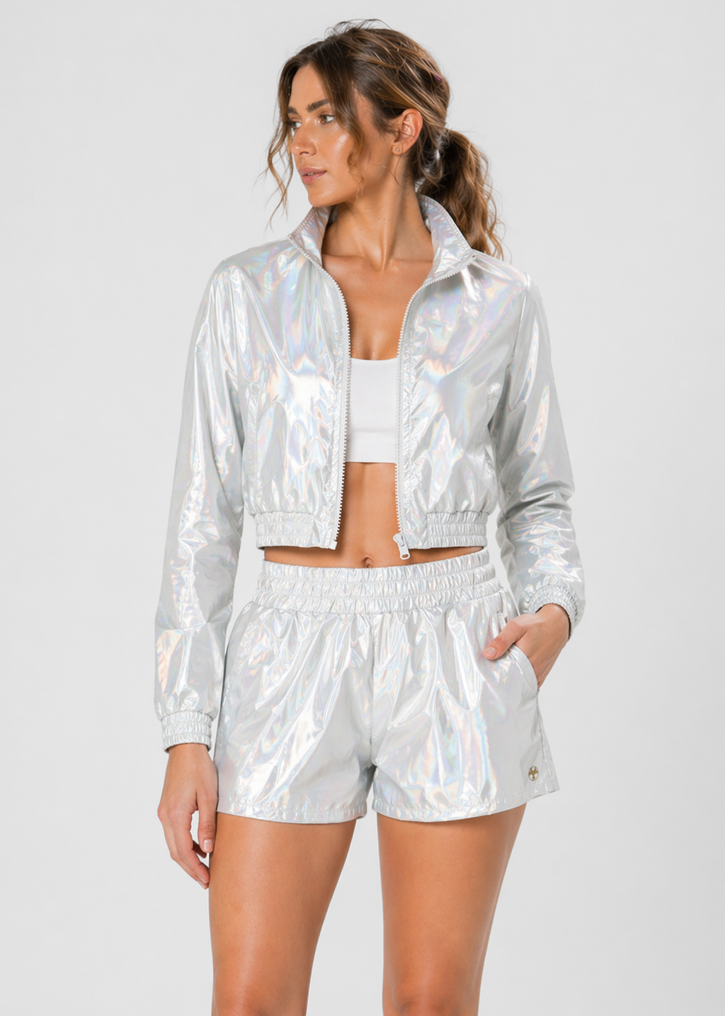 Holographic Crop Bomber Jacket