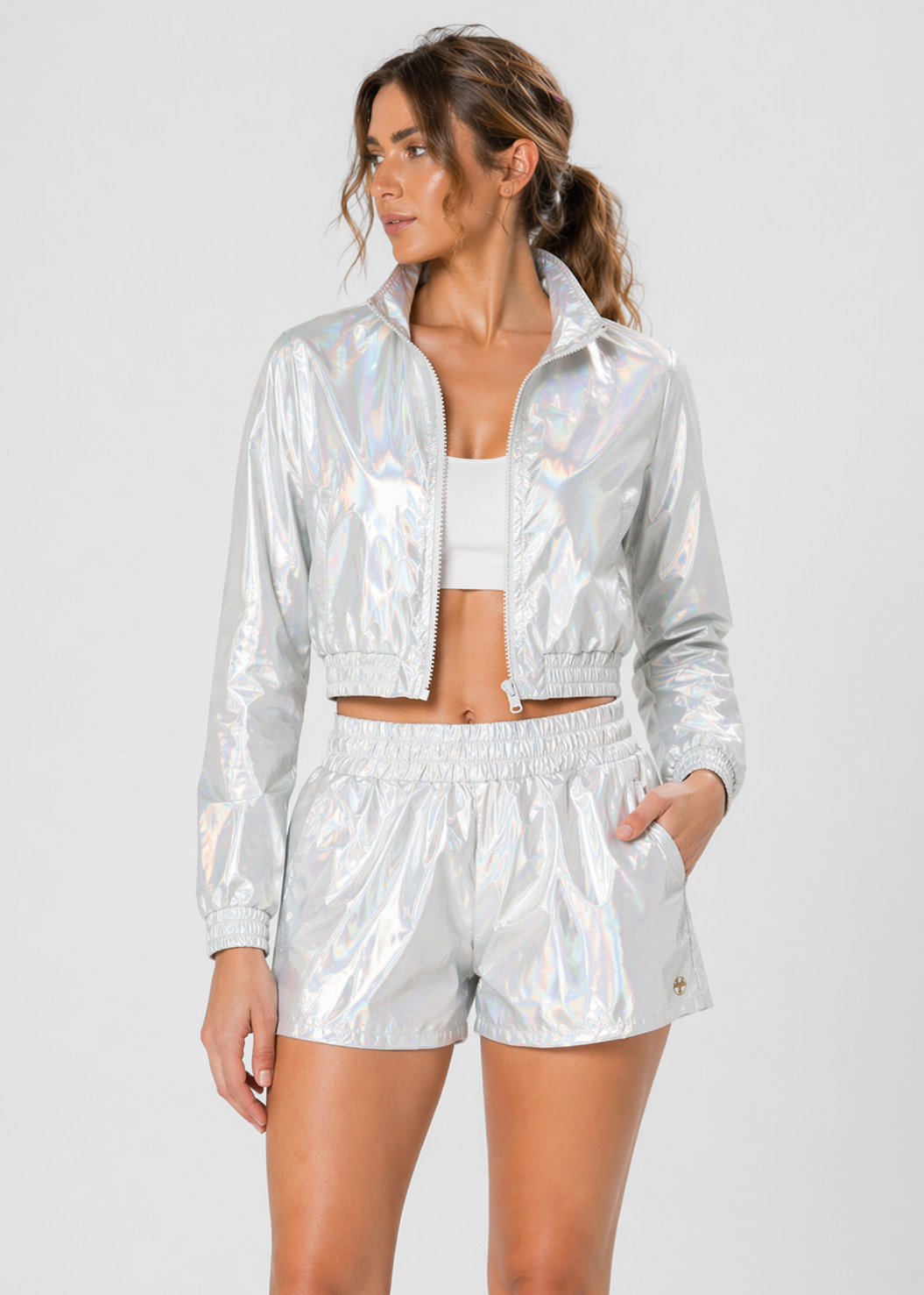 Holographic Crop Bomber Jacket