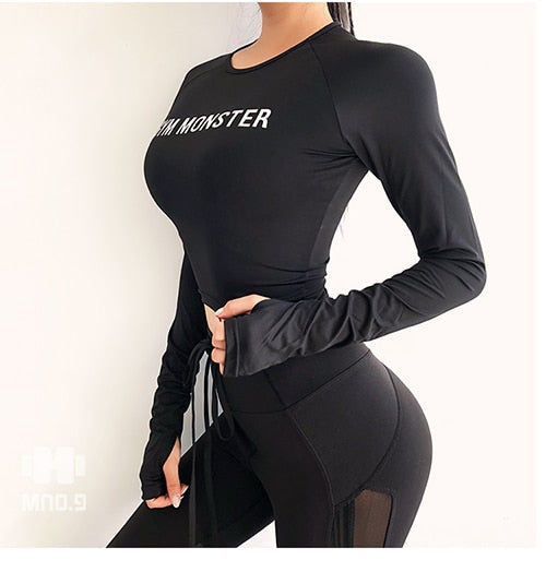 Women Sexy Long Sleeve Crop Top fitness camouflage Yoga shirt